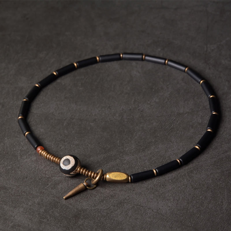 Fortune Jewel Black Onyx Copper Dzi Bead Cone Pendant Double Wrap Protection Bracelet