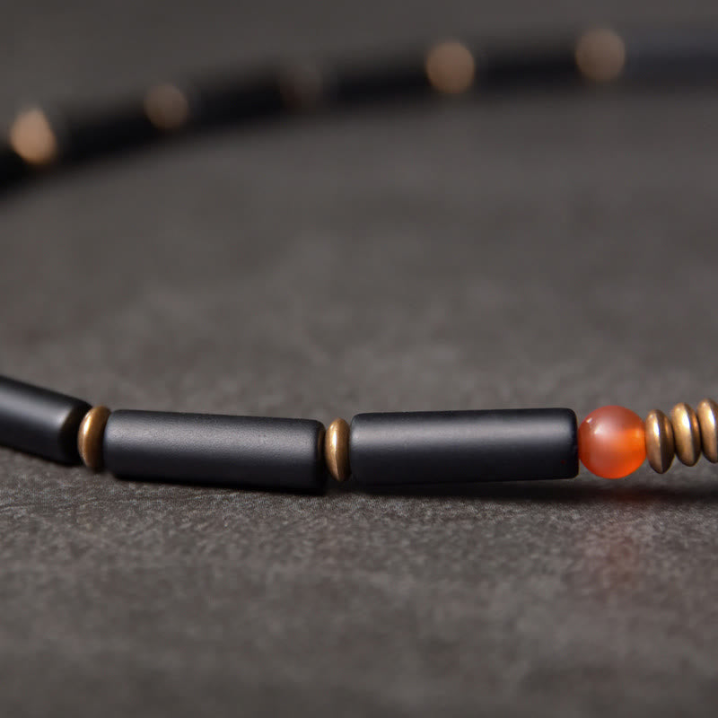 Fortune Jewel Black Onyx Copper Dzi Bead Cone Pendant Double Wrap Protection Bracelet