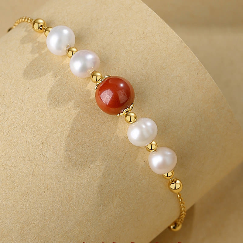 Fortune Jewel 925 Sterling Silver Pearl Cinnabar Healing Bead Chain Bracelet