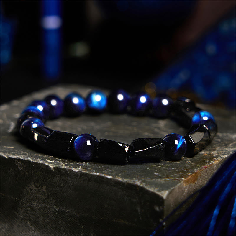 Fortune Jewel Blue Tiger Eye Black Tourmaline Strength Bracelet