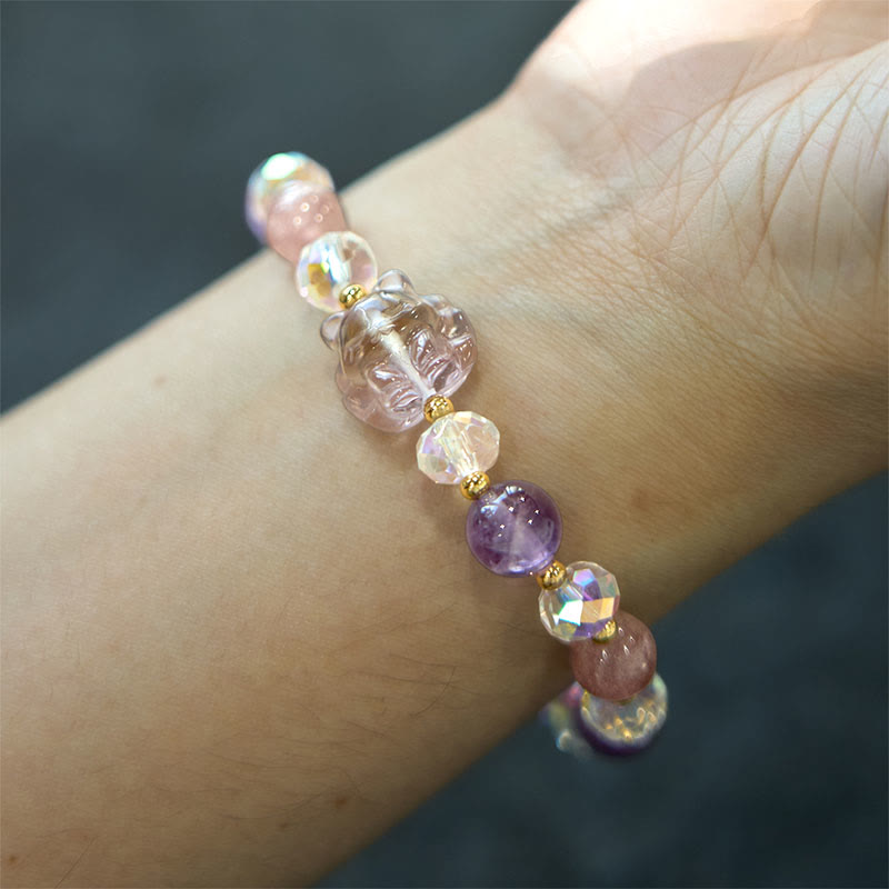 Fortune Jewel Amethyst Strawberry Quartz White Crystal Nine Tailed Fox Meditation Bracelet