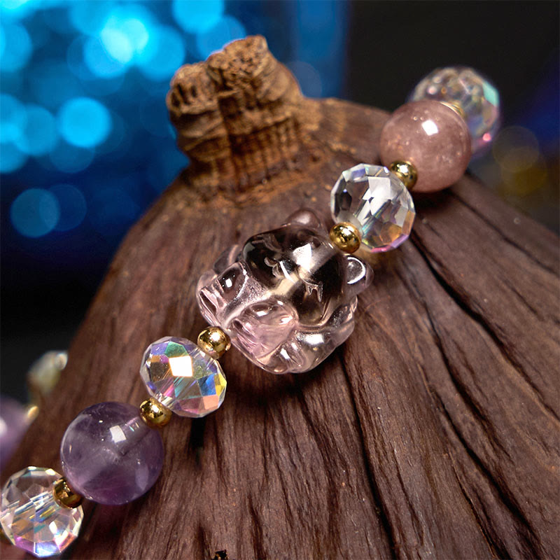 Fortune Jewel Amethyst Strawberry Quartz White Crystal Nine Tailed Fox Meditation Bracelet