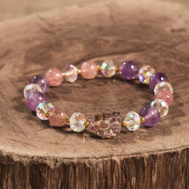 Fortune Jewel Amethyst Strawberry Quartz White Crystal Nine Tailed Fox Meditation Bracelet