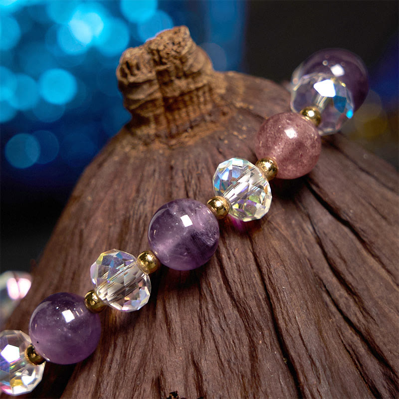 Fortune Jewel Amethyst Strawberry Quartz White Crystal Nine Tailed Fox Meditation Bracelet