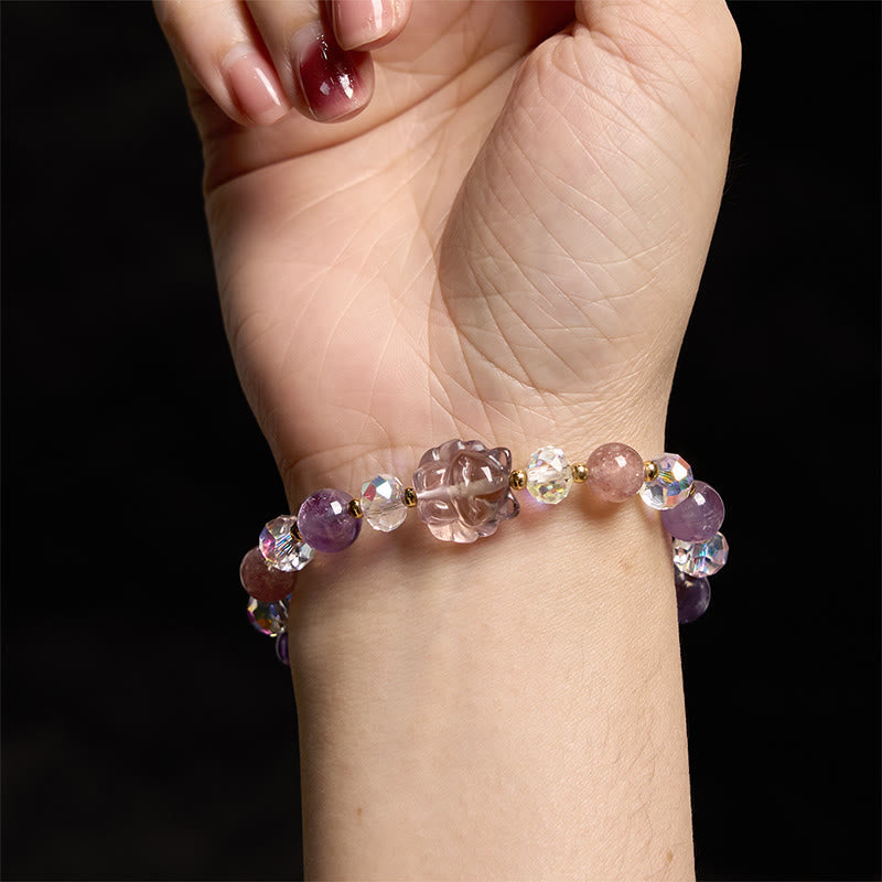 Fortune Jewel Amethyst Strawberry Quartz White Crystal Nine Tailed Fox Meditation Bracelet