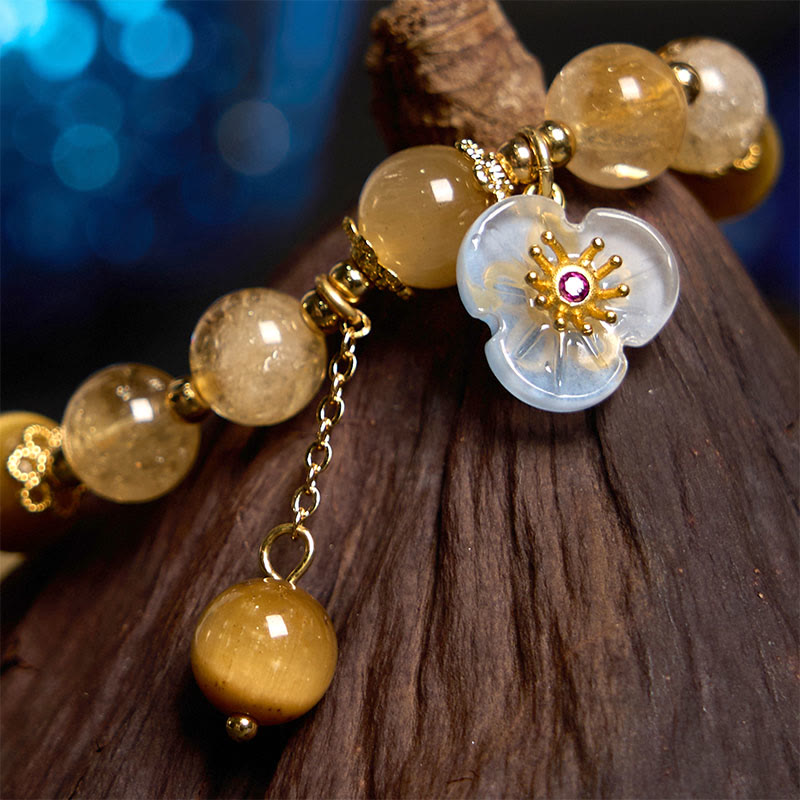 Fortune Jewel Citrine Tiger Eye Flower Charm Generosity Bracelet
