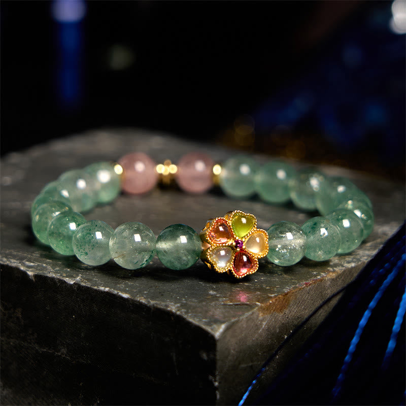 Fortune Jewel Natural Green Strawberry Quartz Soothing Fu Character Bracelet