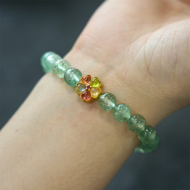 Fortune Jewel Natural Green Strawberry Quartz Soothing Fu Character Bracelet
