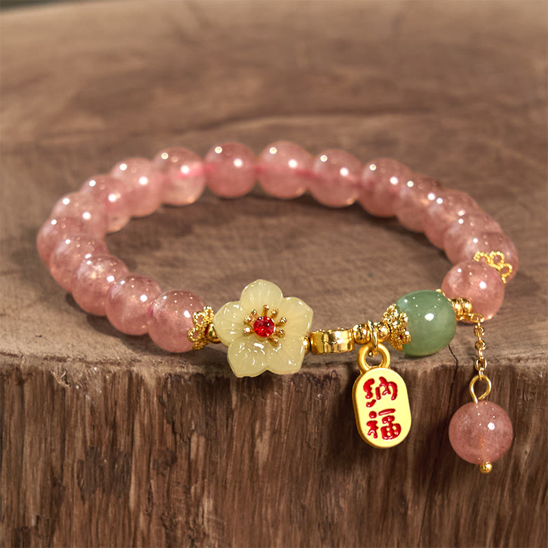 Fortune Jewel Natural Strawberry Quartz Blossom Fu Character Positivity Healing Bracelet
