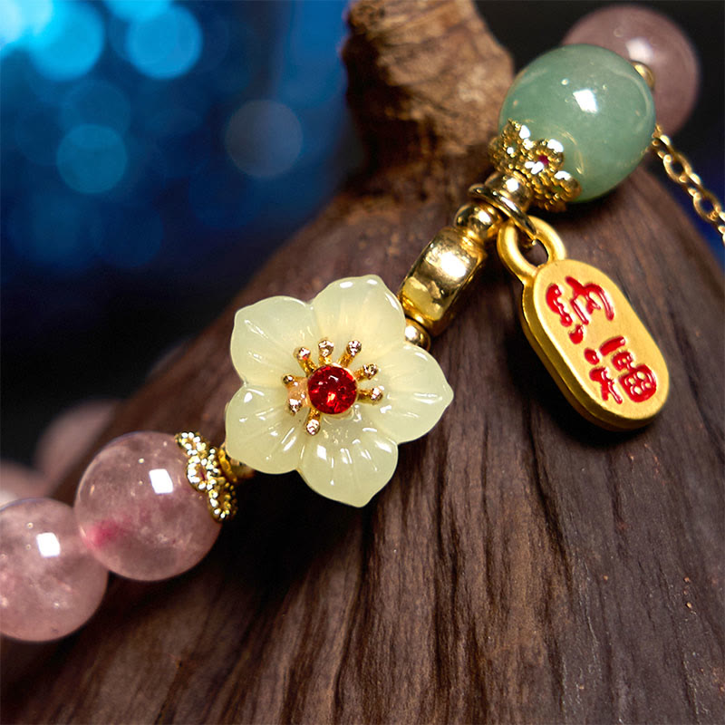 Fortune Jewel Natural Strawberry Quartz Blossom Fu Character Positivity Healing Bracelet