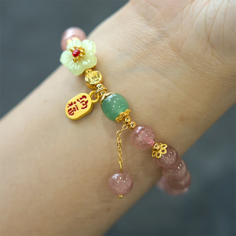 Fortune Jewel Natural Strawberry Quartz Blossom Fu Character Positivity Healing Bracelet