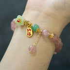 Fortune Jewel Natural Strawberry Quartz Blossom Fu Character Positivity Healing Bracelet