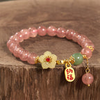 Fortune Jewel Natural Strawberry Quartz Blossom Fu Character Positivity Healing Bracelet