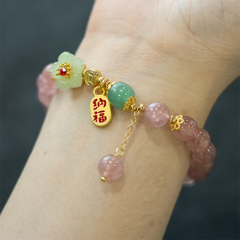 Fortune Jewel Natural Strawberry Quartz Blossom Fu Character Positivity Healing Bracelet