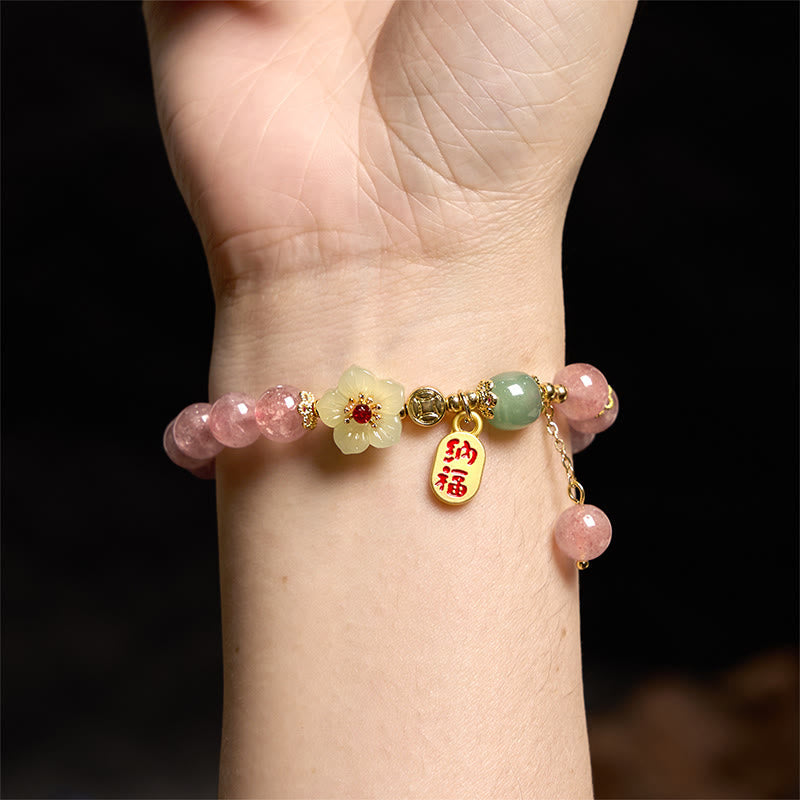 Fortune Jewel Natural Strawberry Quartz Blossom Fu Character Positivity Healing Bracelet