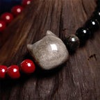 Fortune Jewel Black Obsidian Cinnabar Silver Sheen Obsidian Cat Fulfilment Bracelet