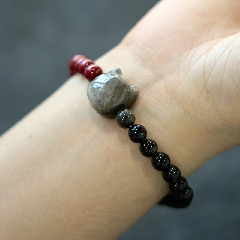 Fortune Jewel Black Obsidian Cinnabar Silver Sheen Obsidian Cat Fulfilment Bracelet