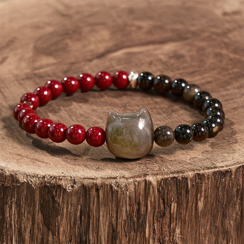 Fortune Jewel Black Obsidian Cinnabar Silver Sheen Obsidian Cat Fulfilment Bracelet