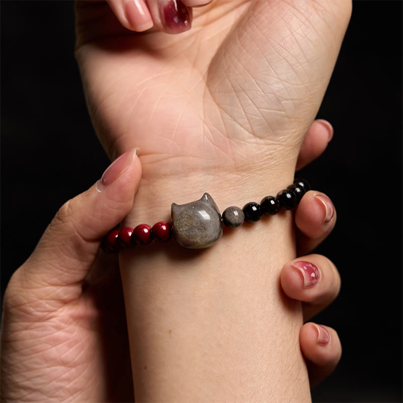 Fortune Jewel Black Obsidian Cinnabar Silver Sheen Obsidian Cat Fulfilment Bracelet