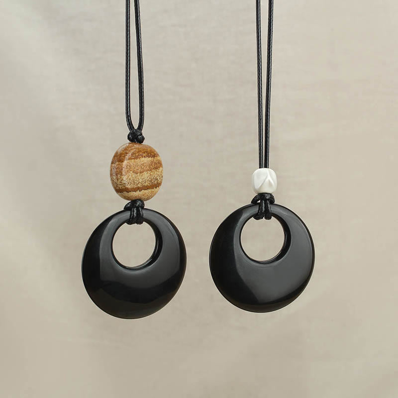 Fortune Jewel Black Obsidian Liuli Picture Stone Copper Fulfilment Necklace Pendant
