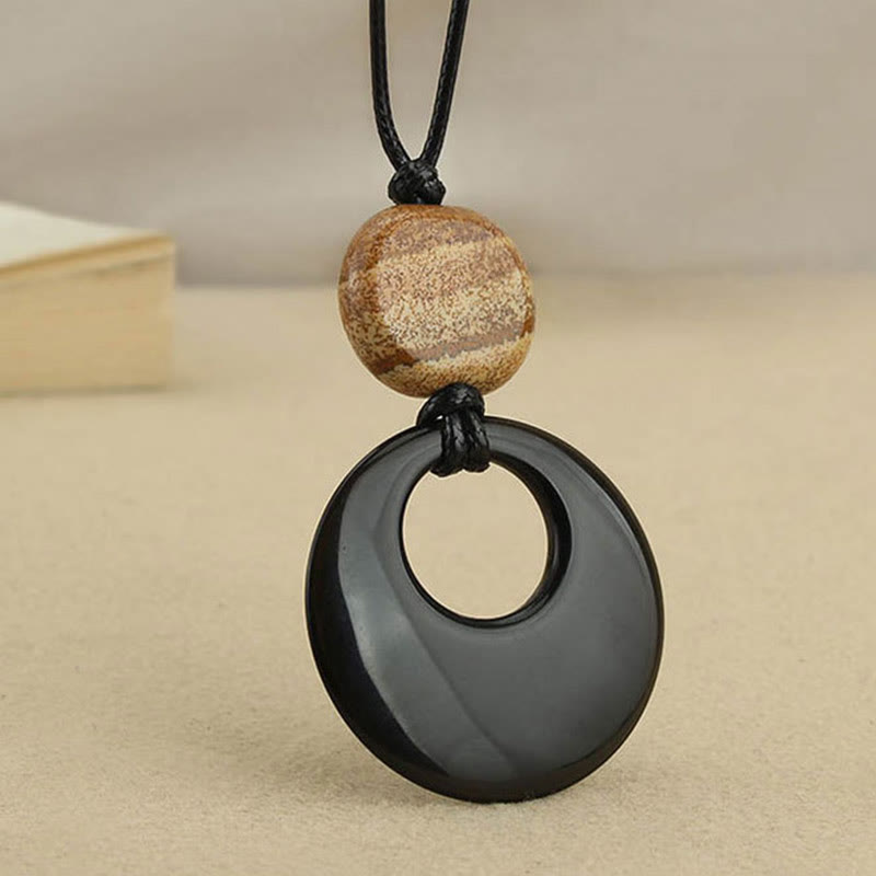 Fortune Jewel Black Obsidian Liuli Picture Stone Copper Fulfilment Necklace Pendant