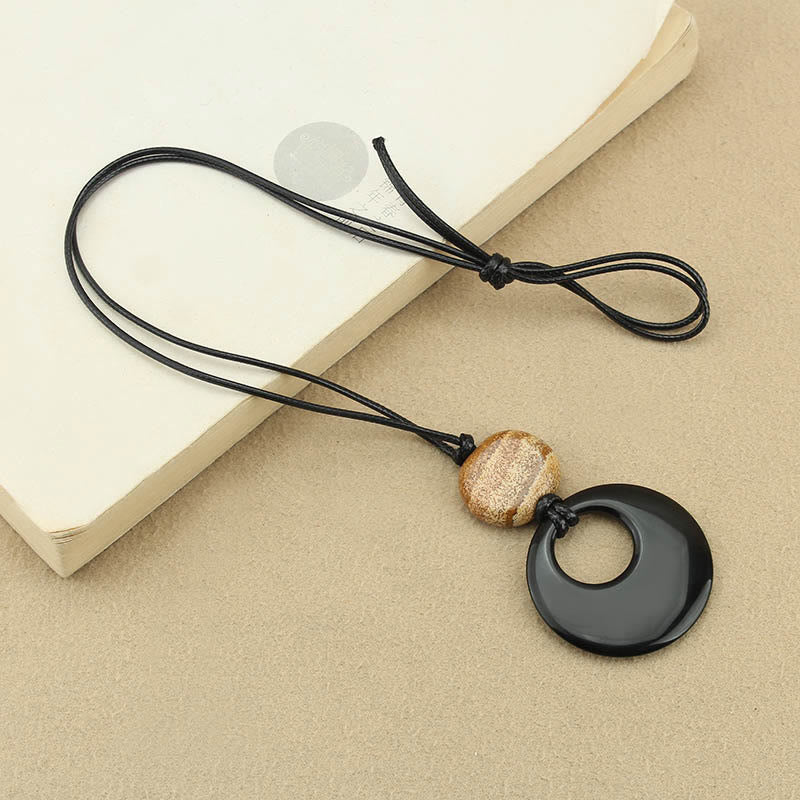 Fortune Jewel Black Obsidian Liuli Picture Stone Copper Fulfilment Necklace Pendant