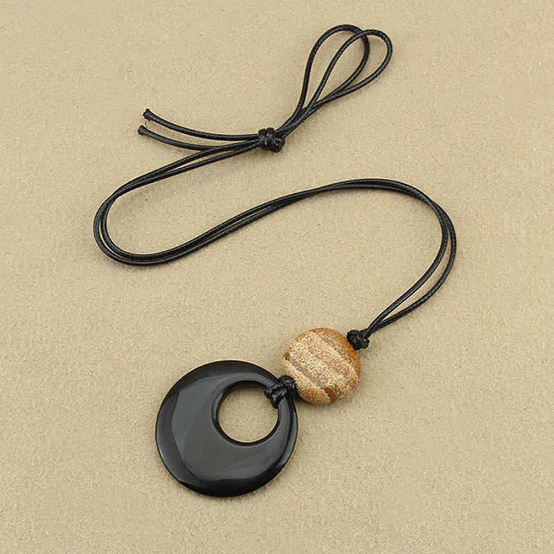 Fortune Jewel Black Obsidian Liuli Picture Stone Copper Fulfilment Necklace Pendant