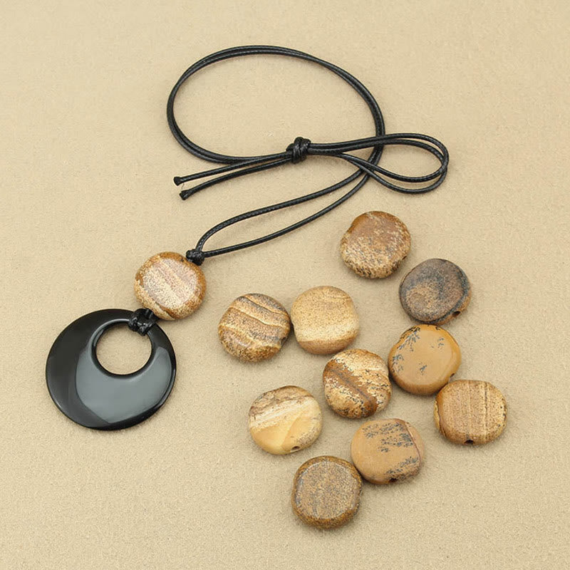 Fortune Jewel Black Obsidian Liuli Picture Stone Copper Fulfilment Necklace Pendant