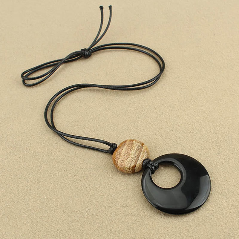 Fortune Jewel Black Obsidian Liuli Picture Stone Copper Fulfilment Necklace Pendant