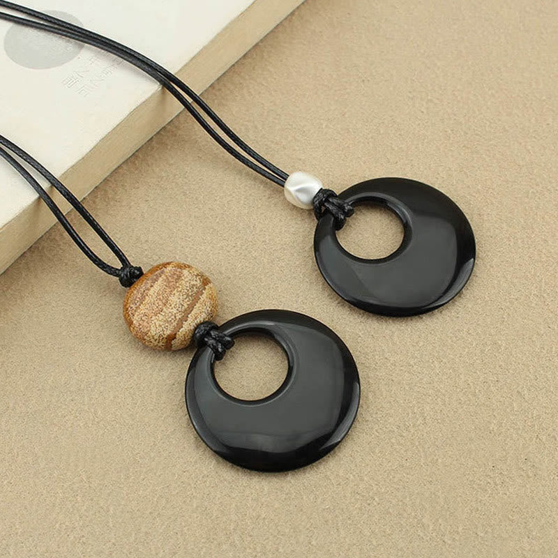 Fortune Jewel Black Obsidian Liuli Picture Stone Copper Fulfilment Necklace Pendant