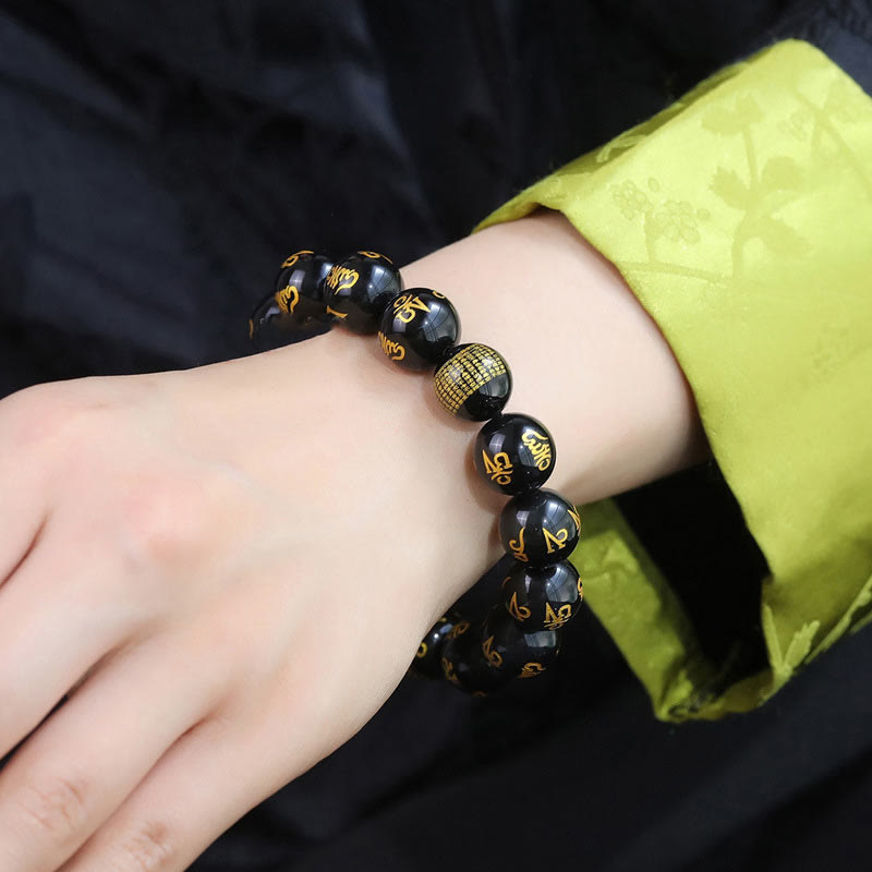 Fortune Jewel Six True Words Om Mani Padme Hum Rainbow Obsidian Gold Foil Creativity Bracelet