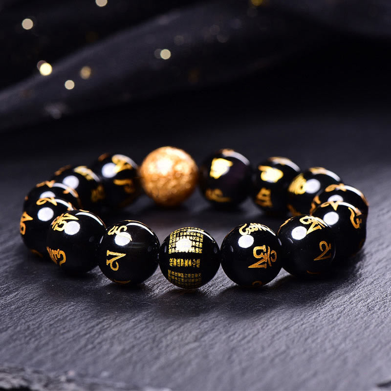 Fortune Jewel Six True Words Om Mani Padme Hum Rainbow Obsidian Gold Foil Creativity Bracelet