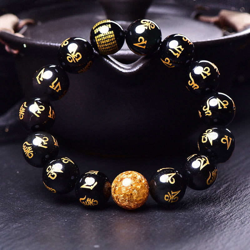 Fortune Jewel Six True Words Om Mani Padme Hum Rainbow Obsidian Gold Foil Creativity Bracelet