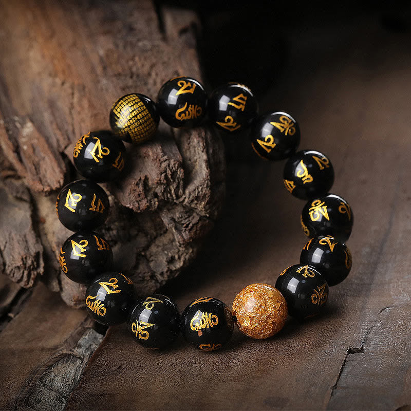 Fortune Jewel Six True Words Om Mani Padme Hum Rainbow Obsidian Gold Foil Creativity Bracelet