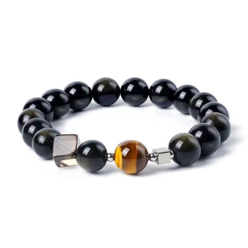 Fortune Jewel Black Obsidian Eagle's Eye Stone Gold Sheen Obsidian Tiger's Eye Strength Bracelet