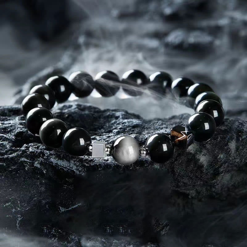 Fortune Jewel Black Obsidian Eagle's Eye Stone Gold Sheen Obsidian Tiger's Eye Strength Bracelet