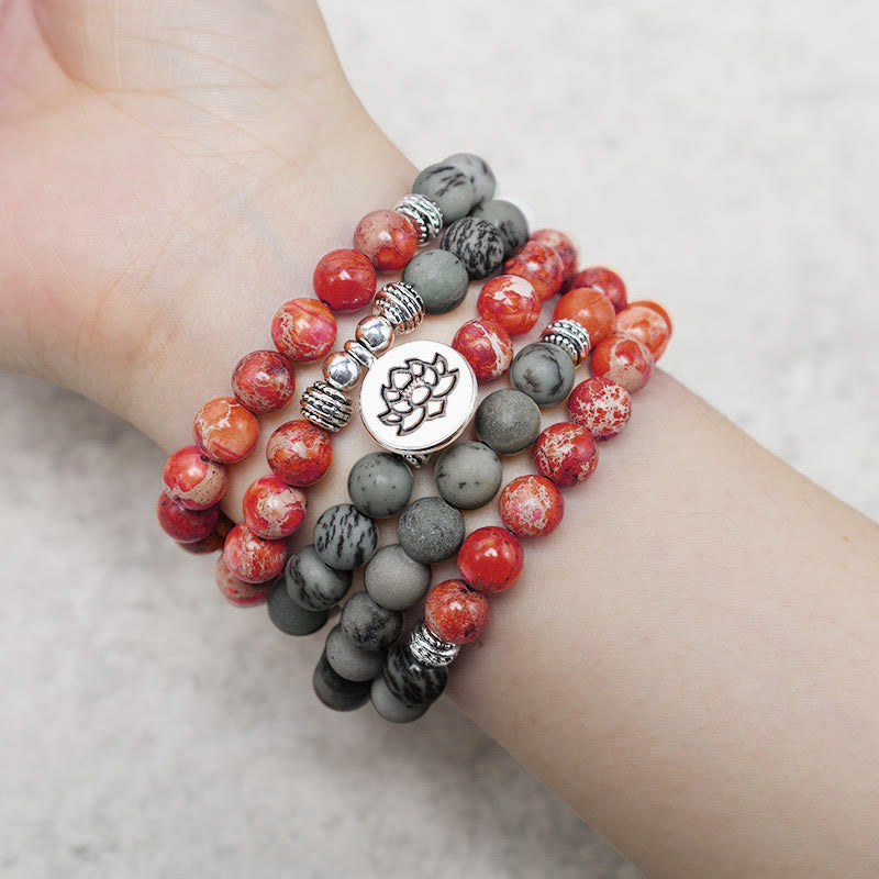 Fortune Jewel 108 Mala Beads Natural Stone Sea Sediment Jasper Lotus Protection Bracelet