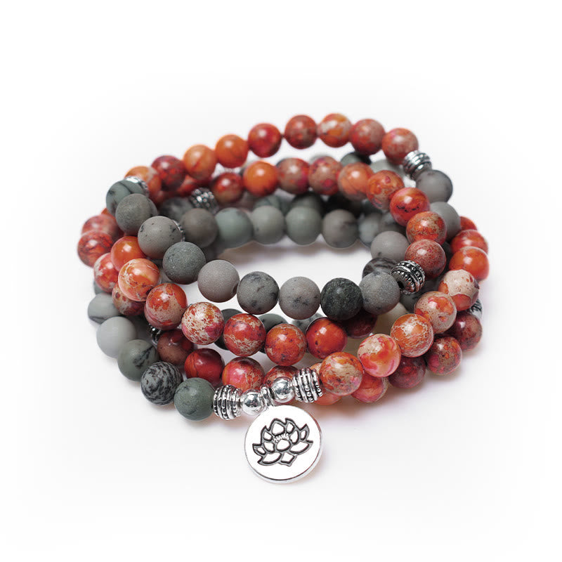 Fortune Jewel 108 Mala Beads Natural Stone Sea Sediment Jasper Lotus Protection Bracelet