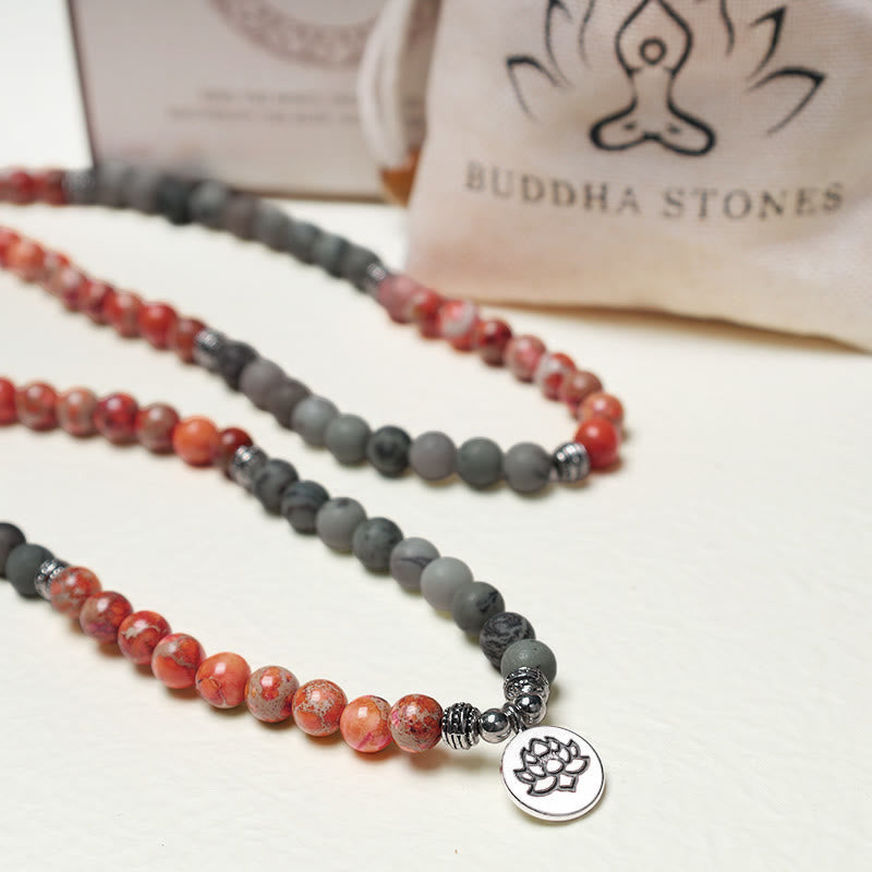 Fortune Jewel 108 Mala Beads Natural Stone Sea Sediment Jasper Lotus Protection Bracelet