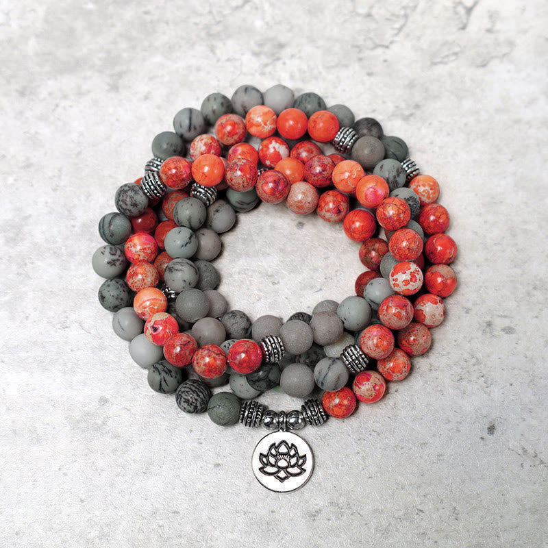 Fortune Jewel 108 Mala Beads Natural Stone Sea Sediment Jasper Lotus Protection Bracelet