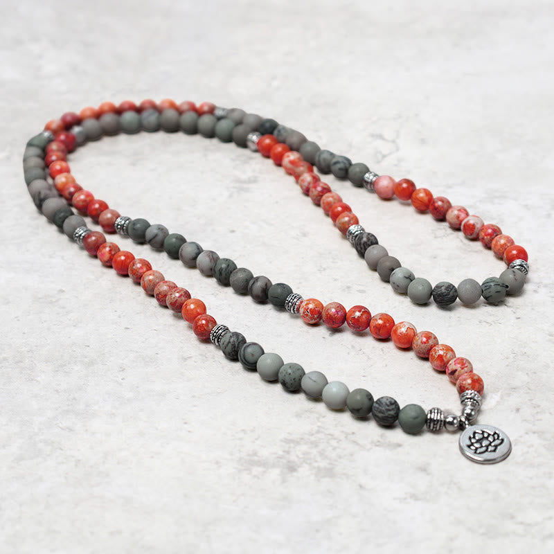 Fortune Jewel 108 Mala Beads Natural Stone Sea Sediment Jasper Lotus Protection Bracelet