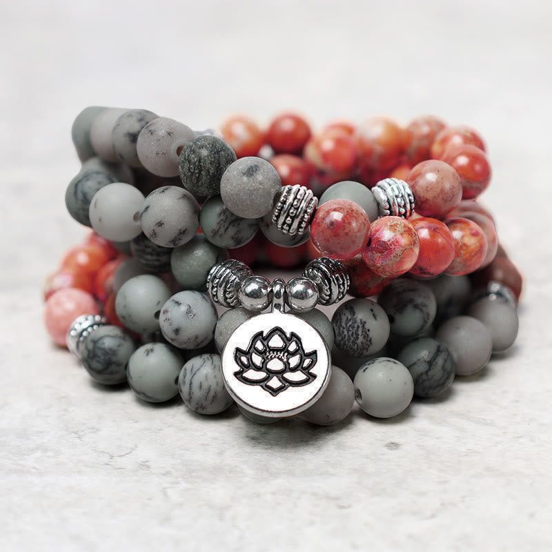 Fortune Jewel 108 Mala Beads Natural Stone Sea Sediment Jasper Lotus Protection Bracelet