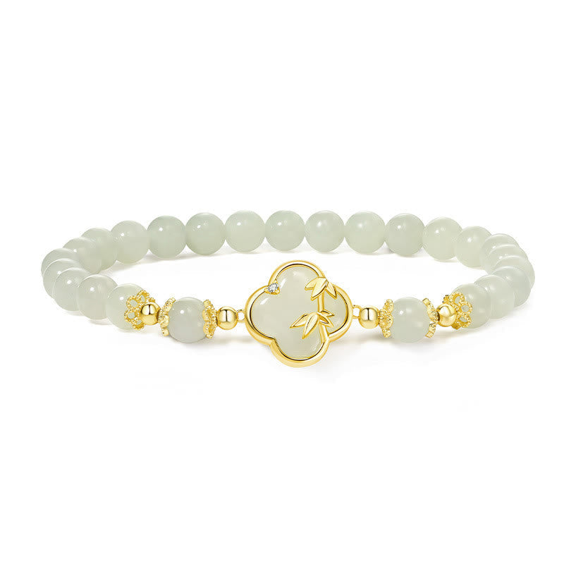 Fortune Jewel Hetian Jade 925 Sterling Silver Four Leaf Clover Bamboo Luck Bracelet