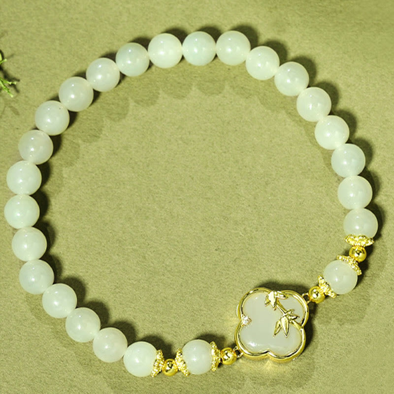 Fortune Jewel Hetian Jade 925 Sterling Silver Four Leaf Clover Bamboo Luck Bracelet