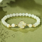 Fortune Jewel Hetian Jade 925 Sterling Silver Four Leaf Clover Bamboo Luck Bracelet