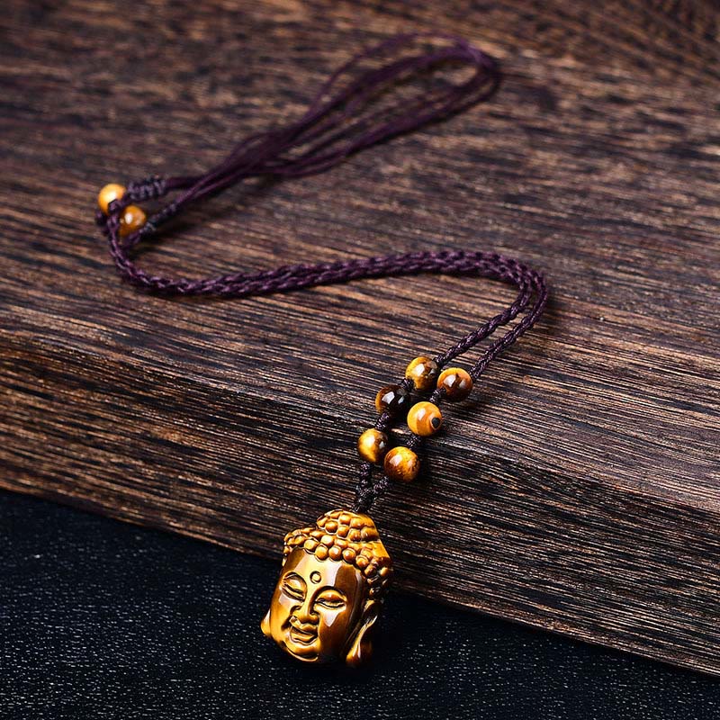Fortune Jewel Tiger Eye String Buddha Head Courage Necklace Pendant