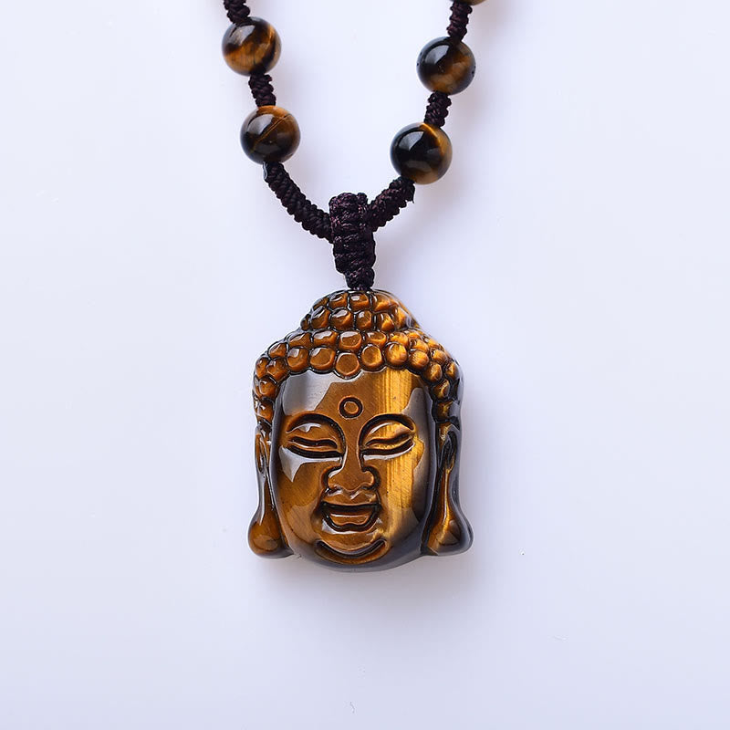 Fortune Jewel Tiger Eye String Buddha Head Courage Necklace Pendant