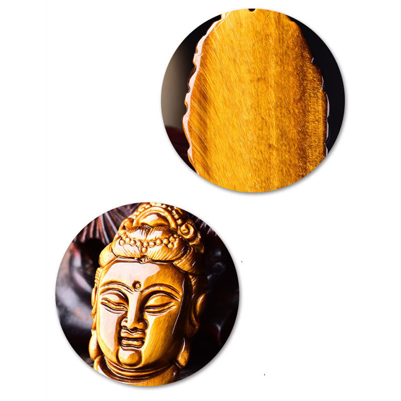 Fortune Jewel Tiger Eye Kwan Yin Avalokitesvara Head String Strength Necklace Pendant