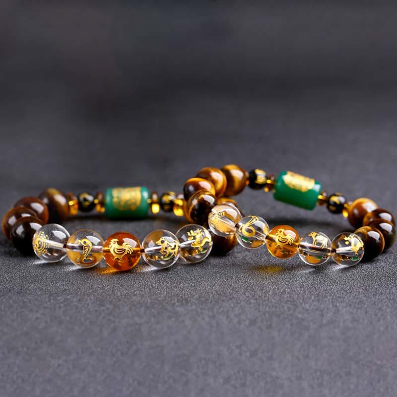 Fortune Jewel Chinese Zodiac Tiger Eye White Crystal Courage Bracelet