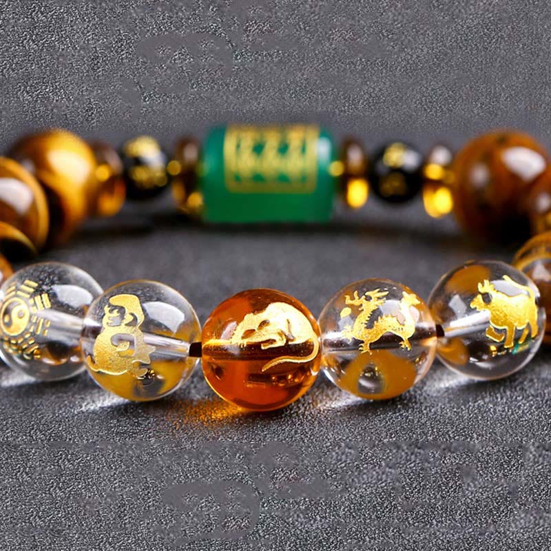 Fortune Jewel Chinese Zodiac Tiger Eye White Crystal Courage Bracelet